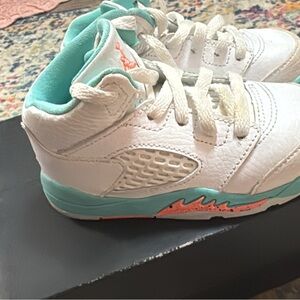 Kids White and Teal Sneakers with Orange Accents